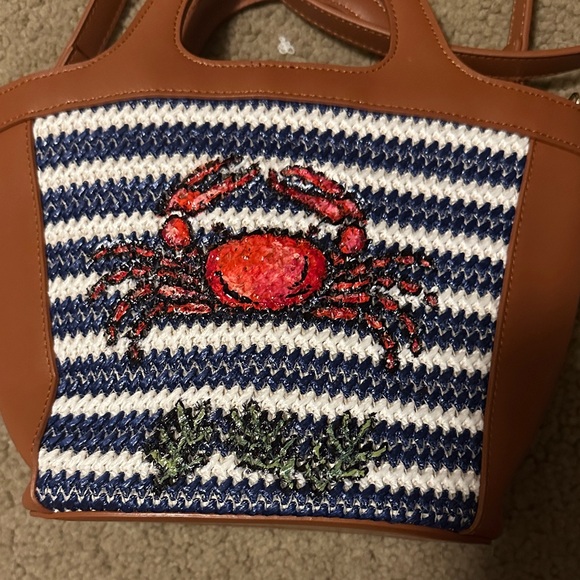 Ann Taylor Tan and Blue Striped Crossbody Bag with Crab Design - Picture 2 of 9